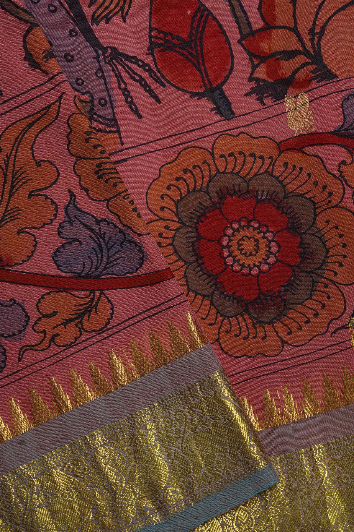 Kalamkari Silk Peach Pink Saree With Peacocks And Yalis Border