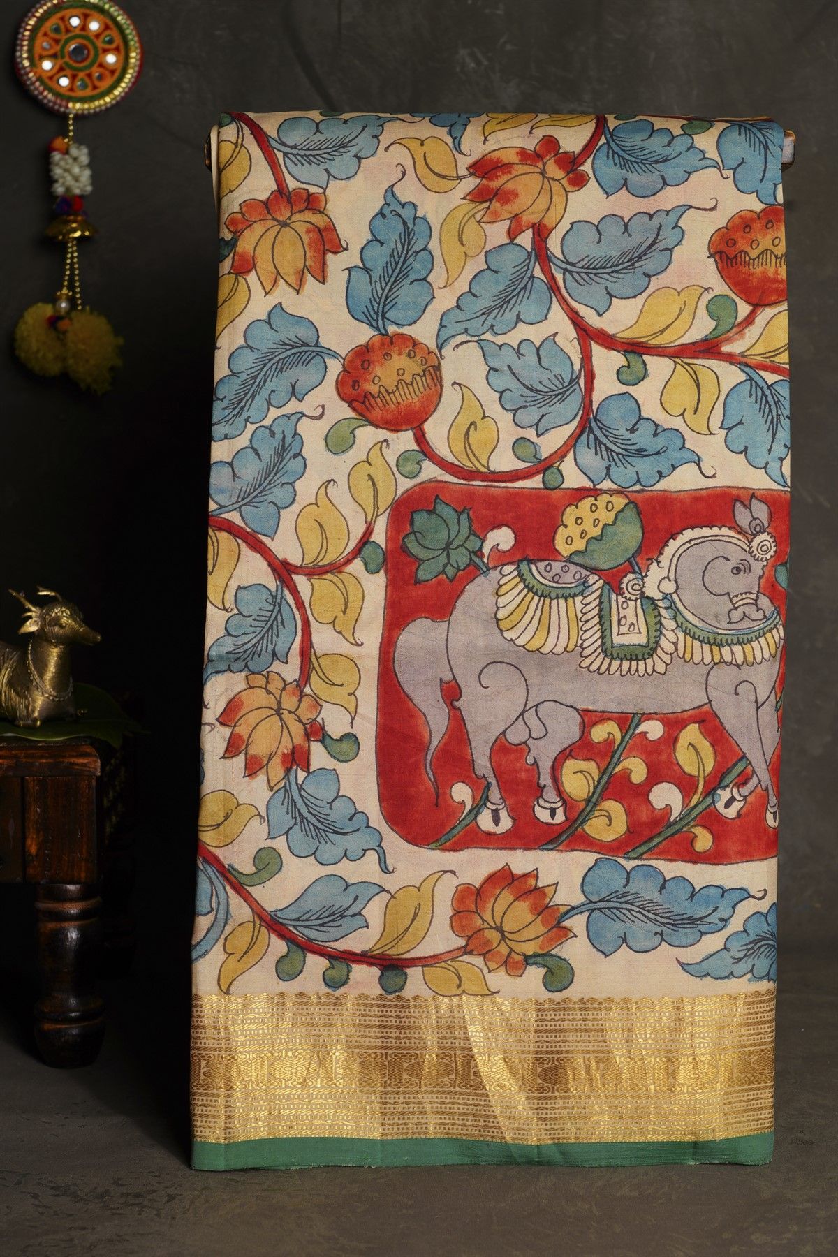 Hand Painted Kalamkari Silk Off White Saree With Zari Lines Border
