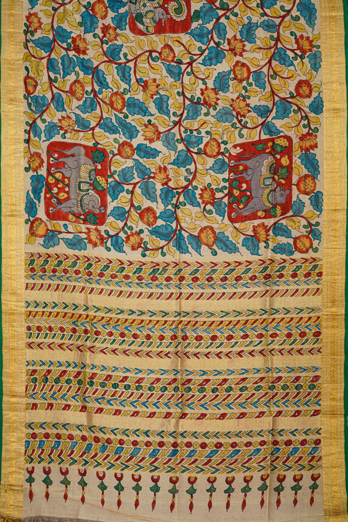 Hand Painted Kalamkari Silk Off White Saree With Zari Lines Border