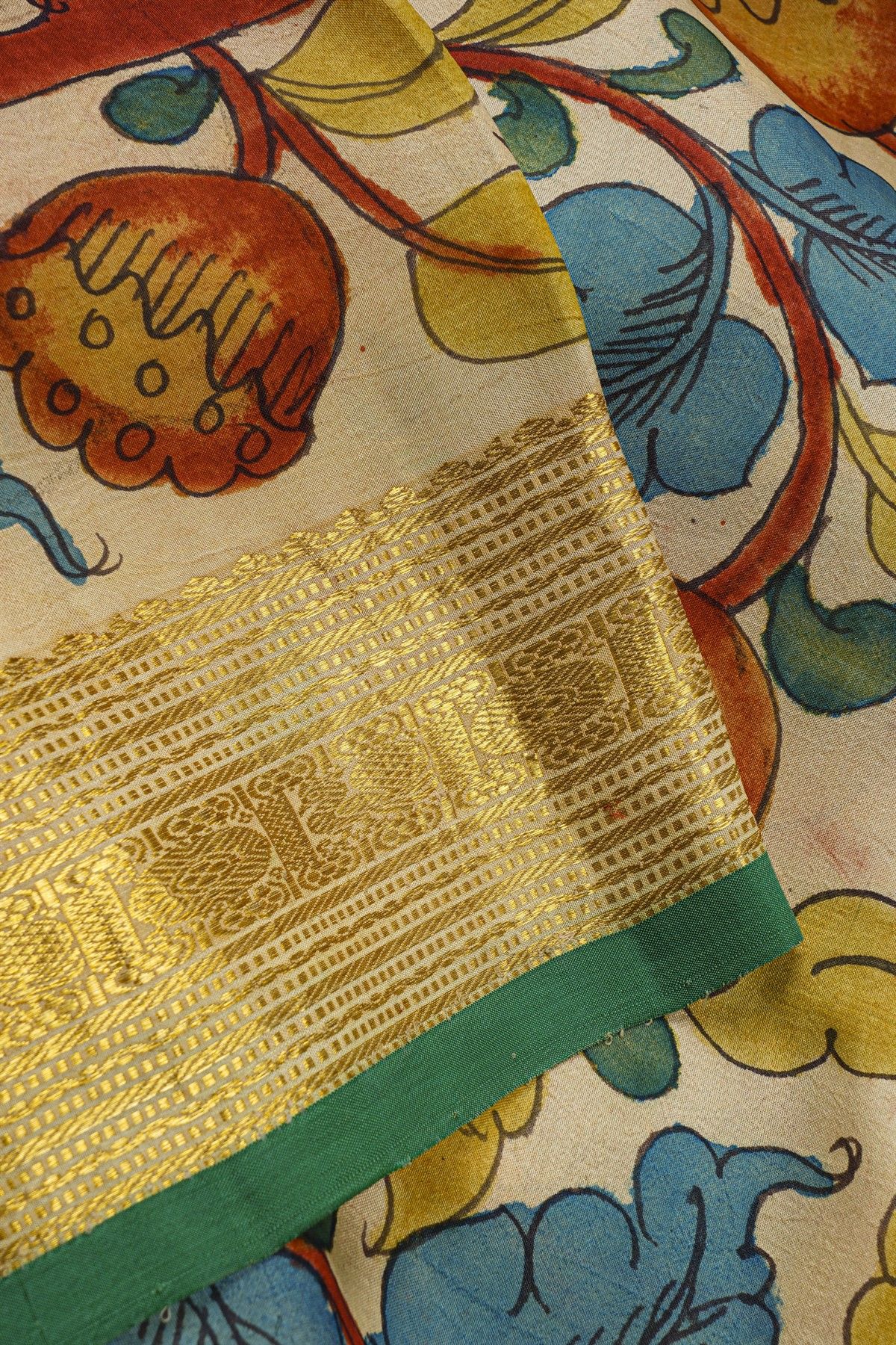 Hand Painted Kalamkari Silk Off White Saree With Zari Lines Border