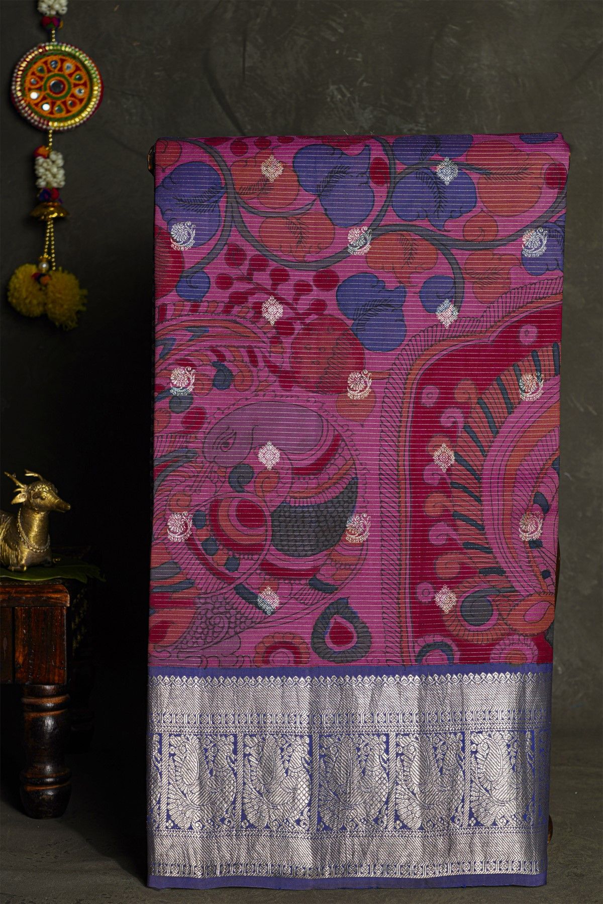 Kalamkari Silk Magenta Saree With Peacocks And Florals Border