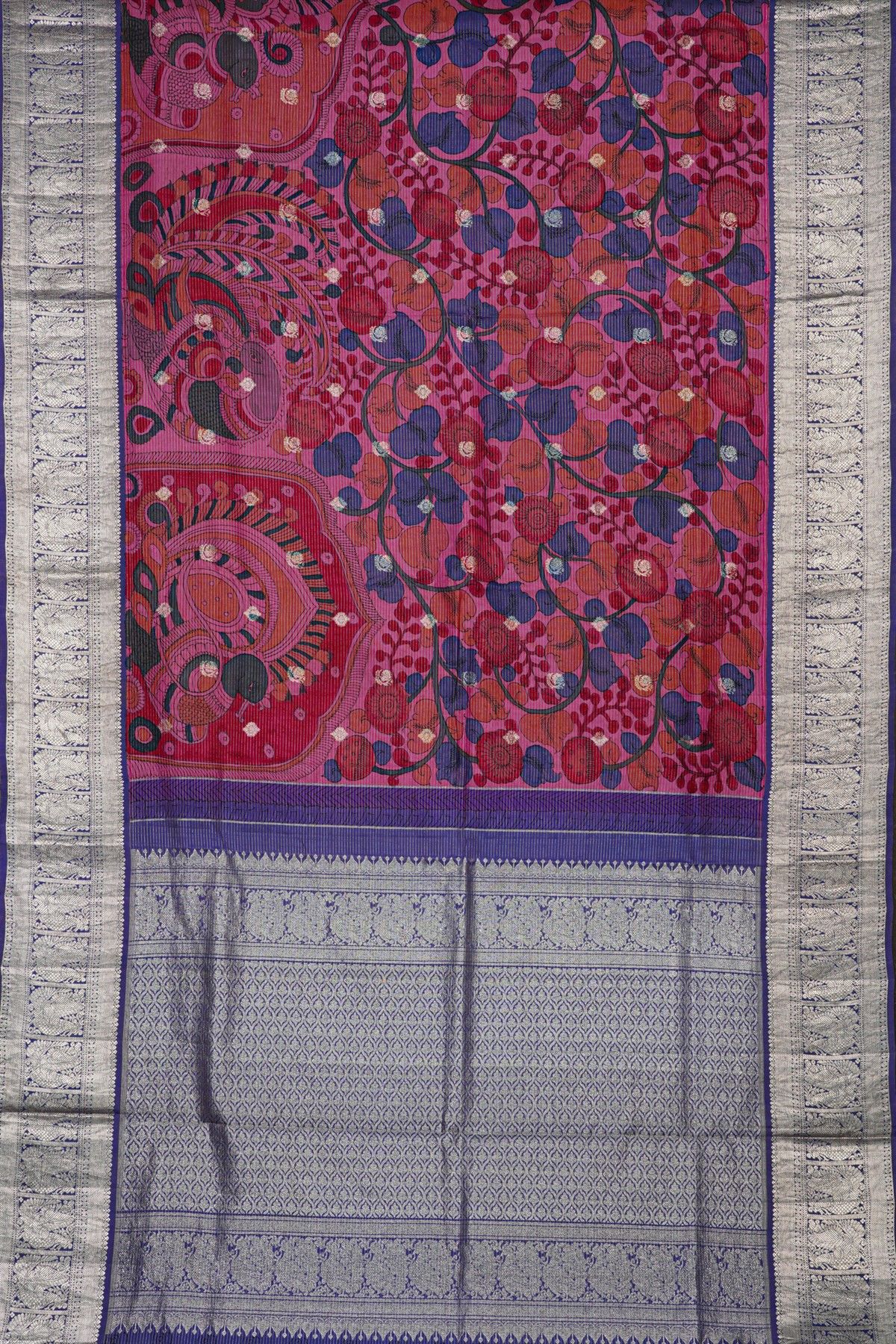 Kalamkari Silk Magenta Saree With Peacocks And Florals Border