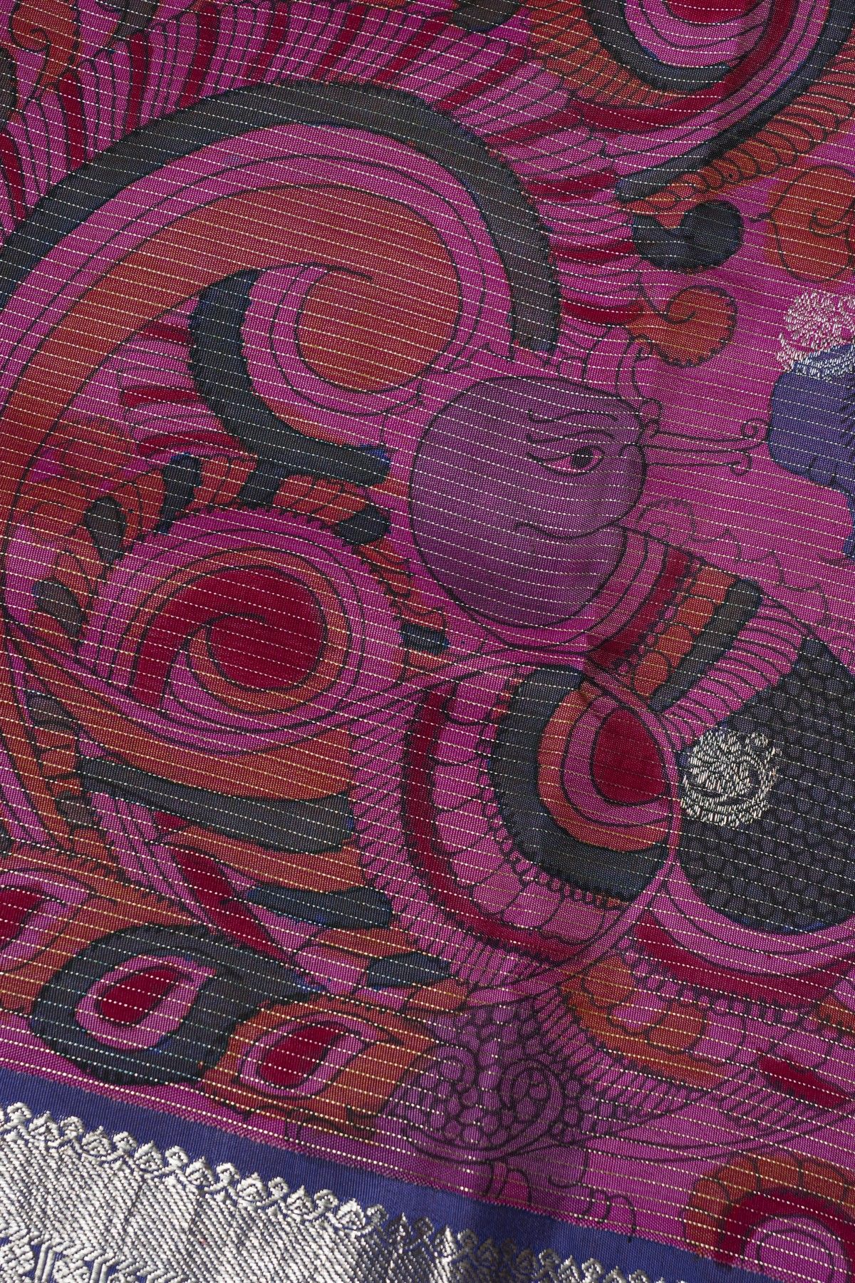 Kalamkari Silk Magenta Saree With Peacocks And Florals Border