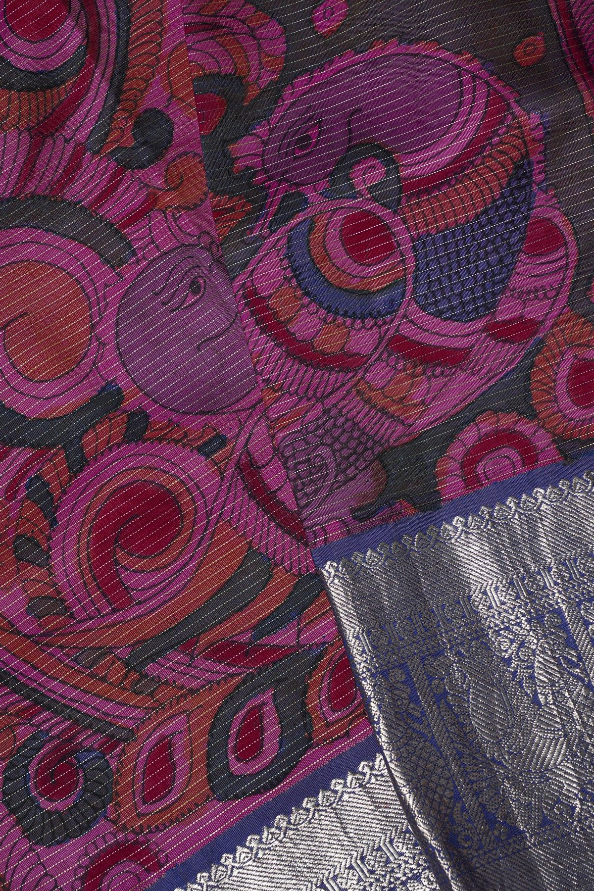 Kalamkari Silk Magenta Saree With Peacocks And Florals Border