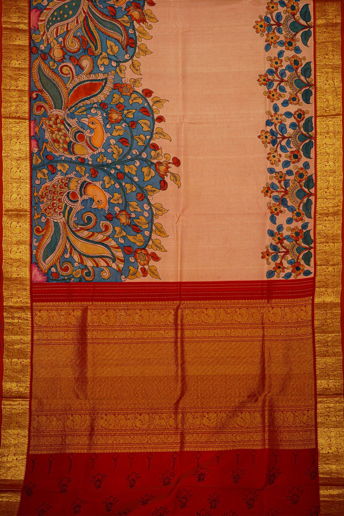 Hand Painted Kalamkari Silk Cream Saree With Florals And Birds Border