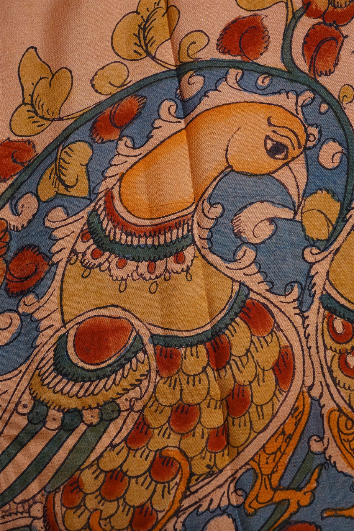 Hand Painted Kalamkari Silk Cream Saree With Florals And Birds Border