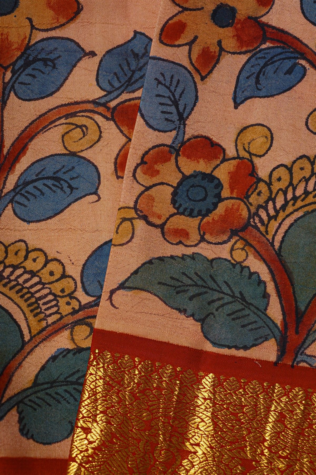 Hand Painted Kalamkari Silk Cream Saree With Florals And Birds Border