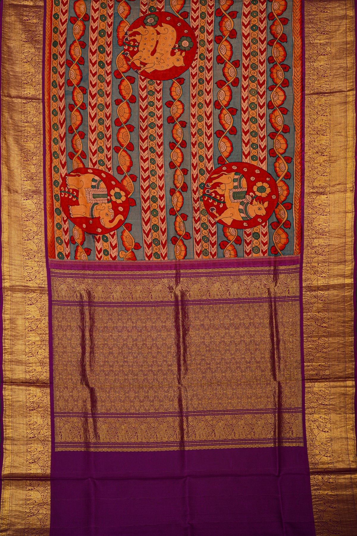 Kalamkari Silk Slate Grey Saree With Elephants And Florals Border