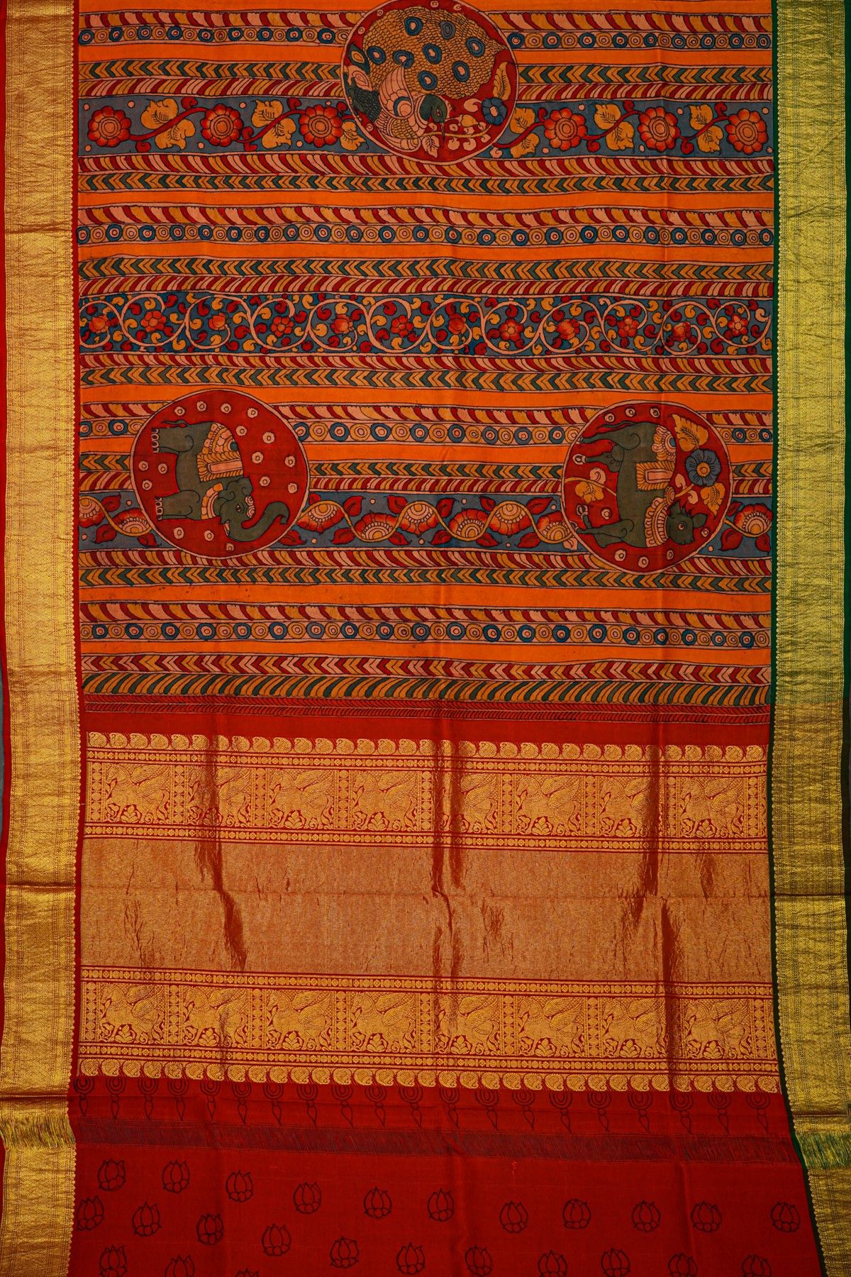 Kalamkari Silk Multi Colour Saree With Diamonds Zari Border
