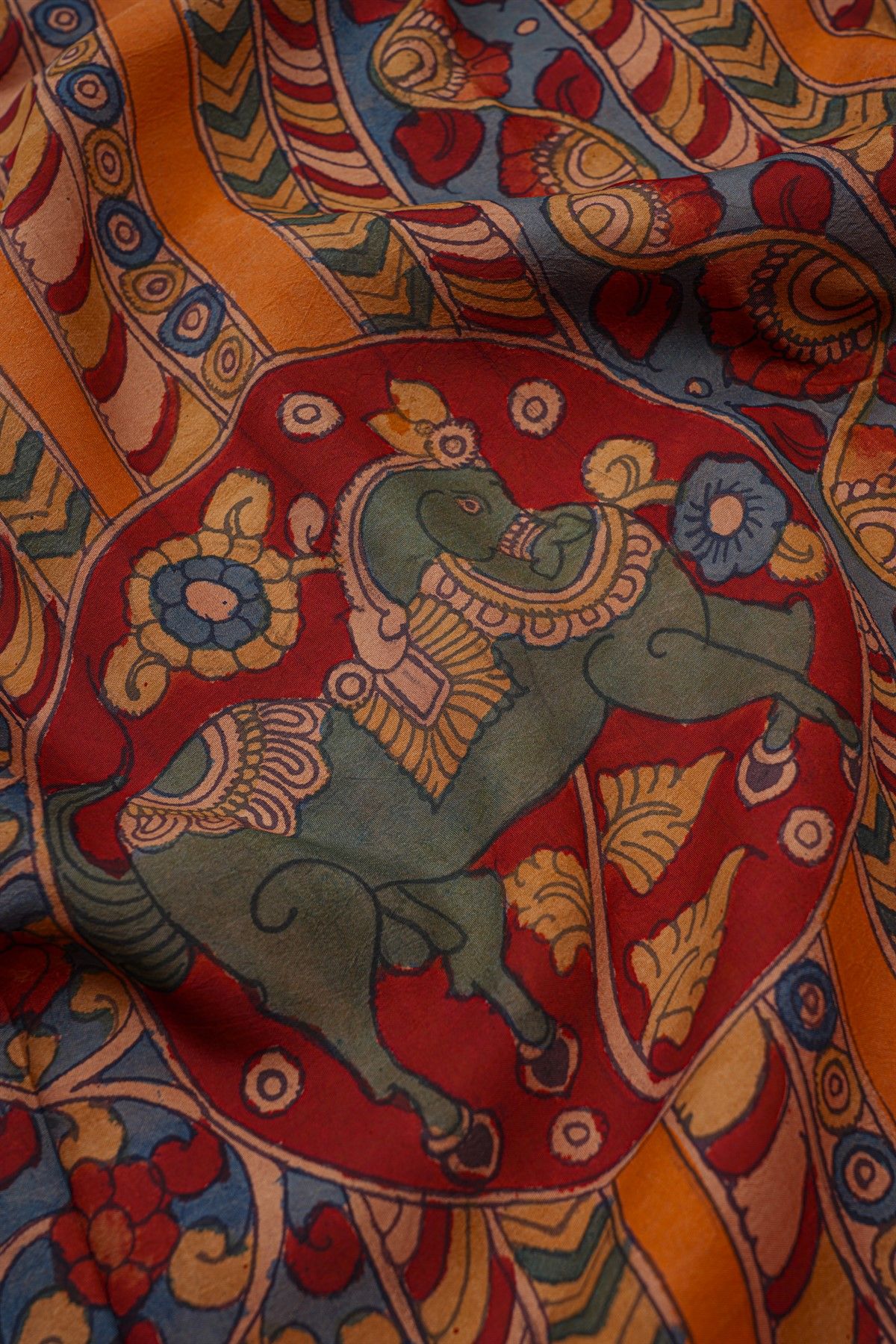 Kalamkari Silk Multi Colour Saree With Diamonds Zari Border