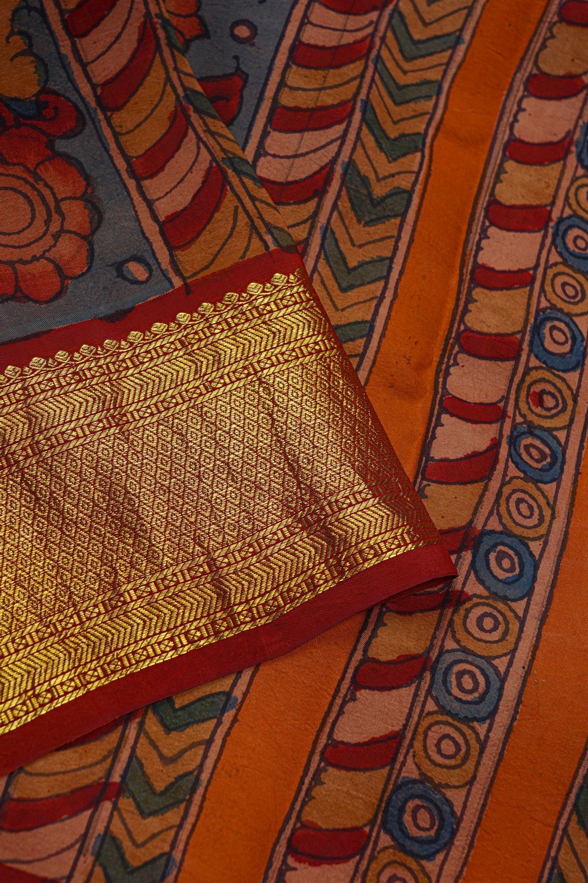 Kalamkari Silk Multi Colour Saree With Diamonds Zari Border