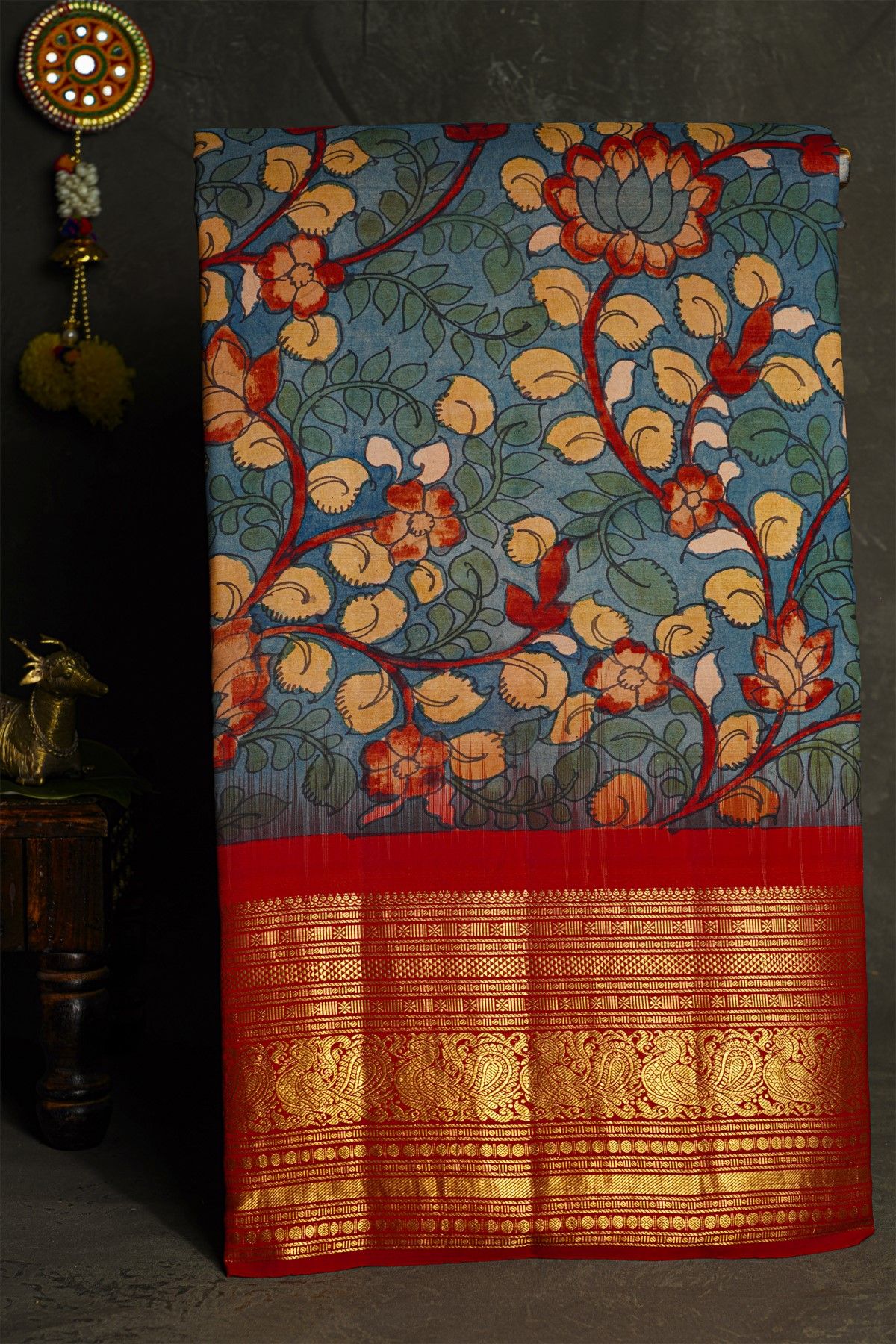 Kalamkari Silk Sky Blue Saree With Peacocks In Zari Lines Border