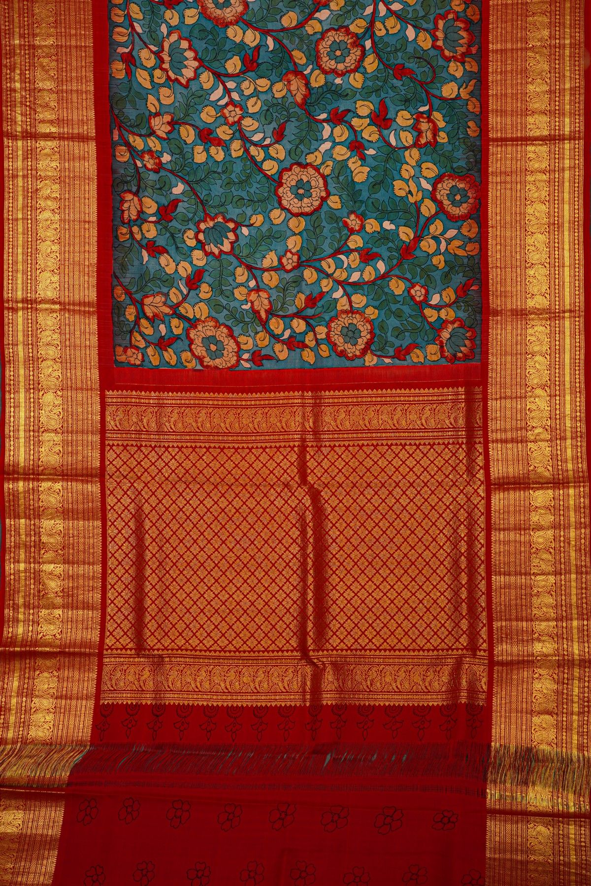 Kalamkari Silk Sky Blue Saree With Peacocks In Zari Lines Border