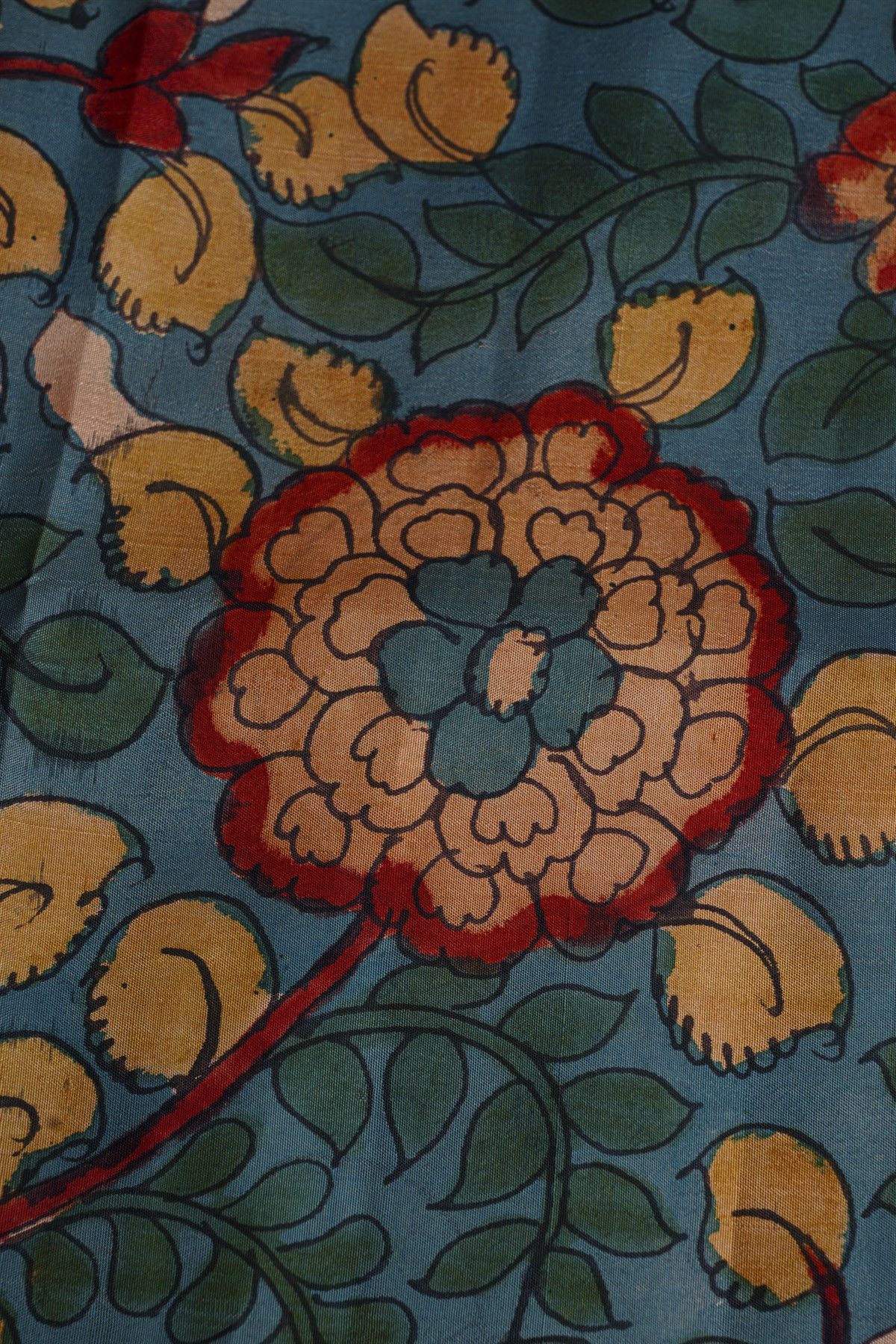 Kalamkari Silk Sky Blue Saree With Peacocks In Zari Lines Border