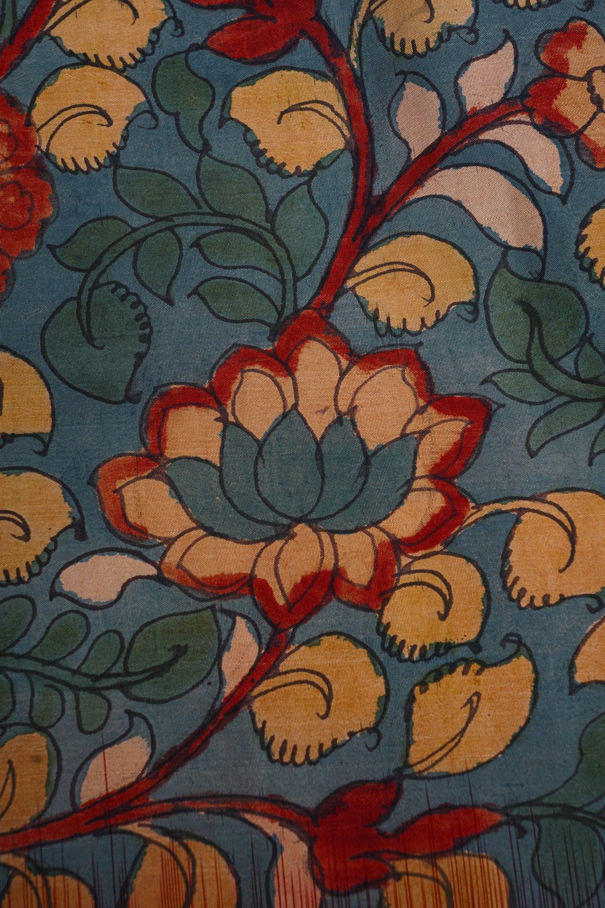 Kalamkari Silk Sky Blue Saree With Peacocks In Zari Lines Border