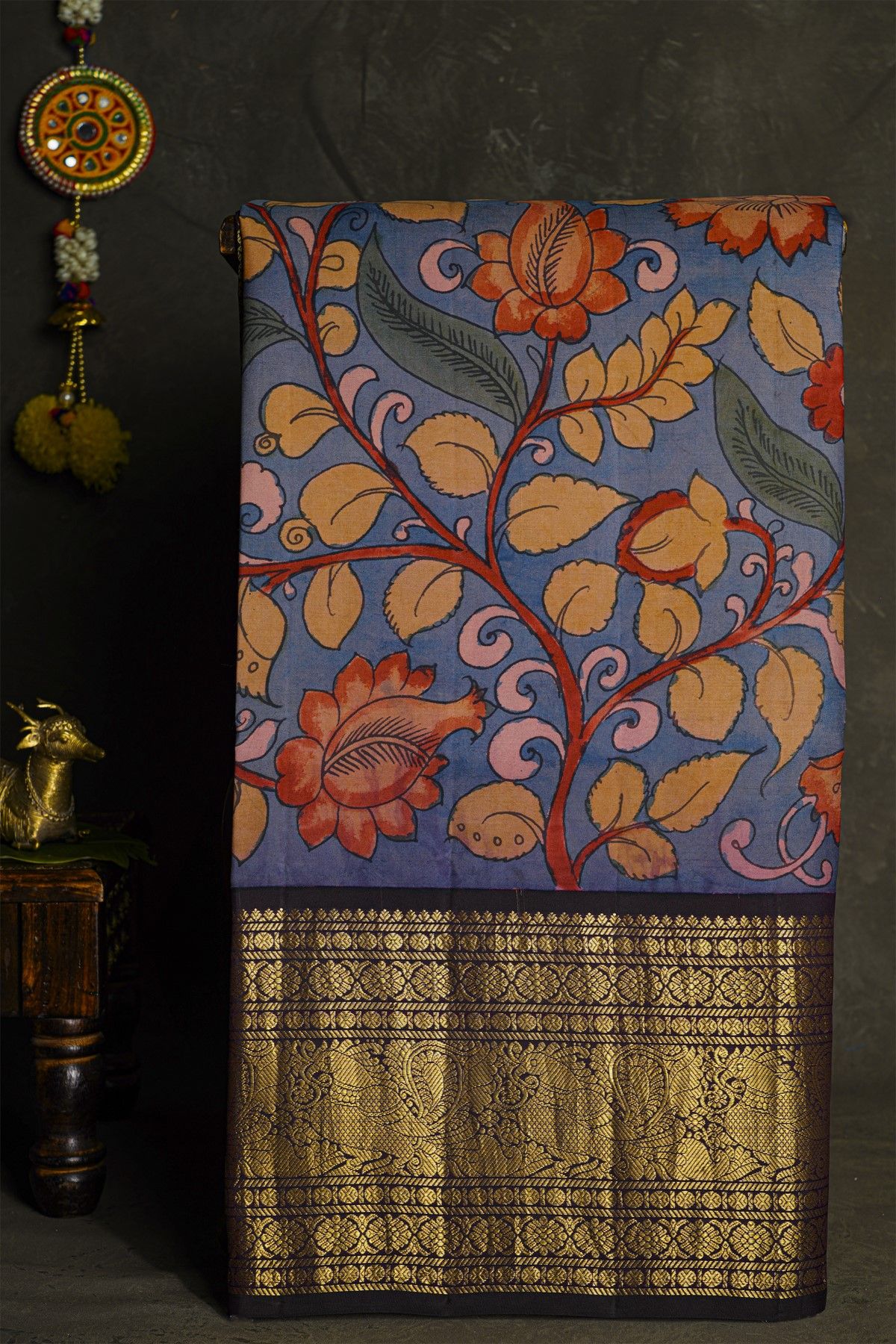 Kalamkari Silk Sky Blue Saree With Peacocks And Florals Border