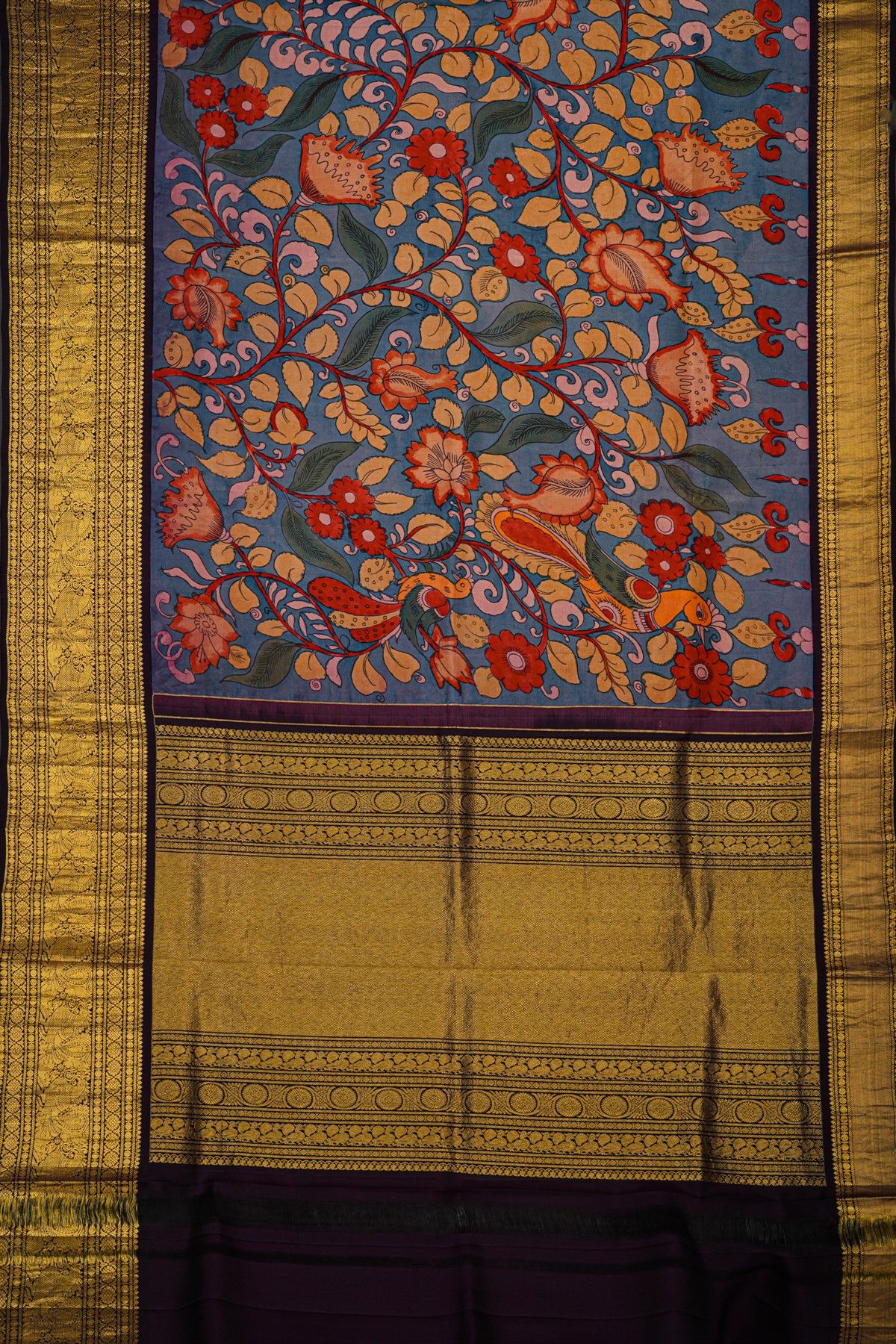 Kalamkari Silk Sky Blue Saree With Peacocks And Florals Border