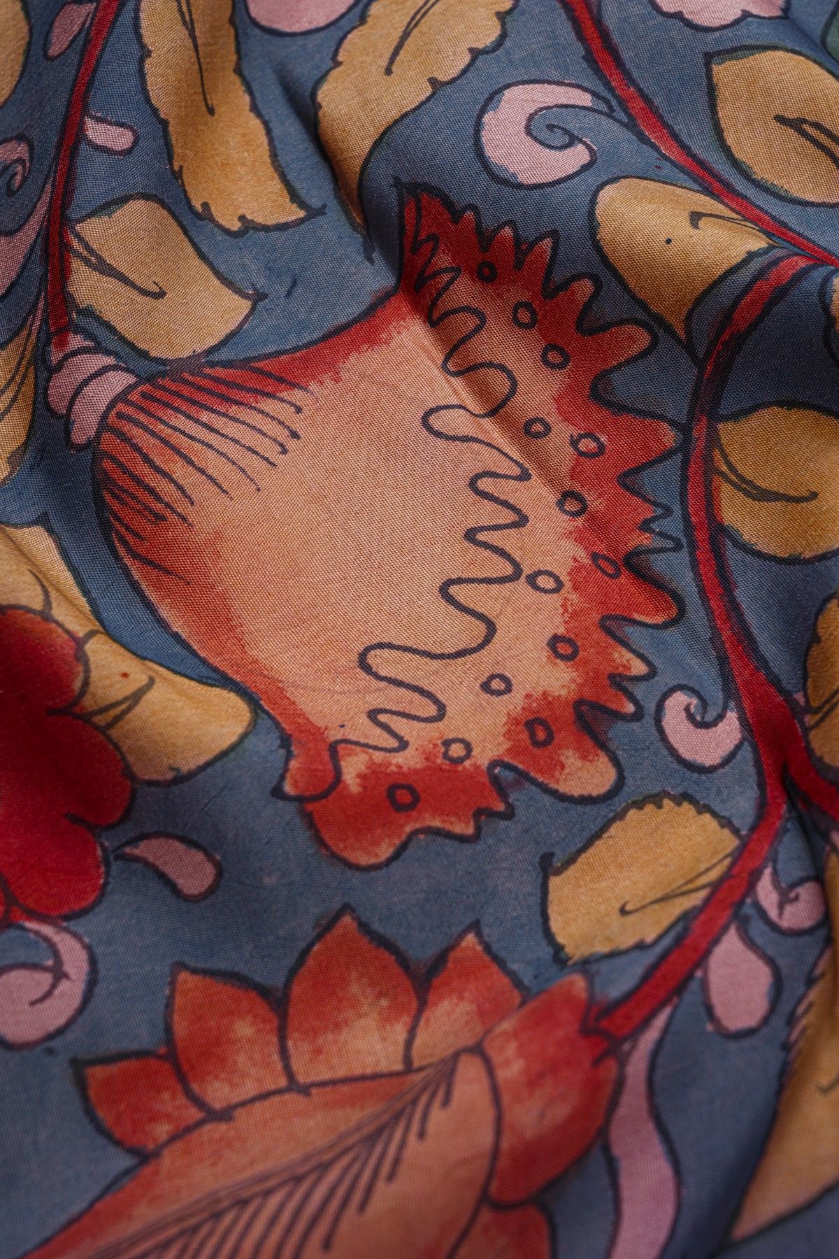 Kalamkari Silk Sky Blue Saree With Peacocks And Florals Border