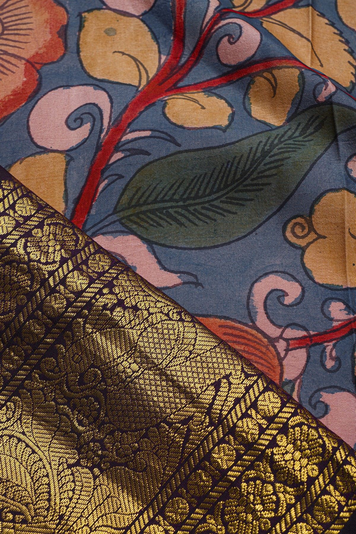 Kalamkari Silk Sky Blue Saree With Peacocks And Florals Border