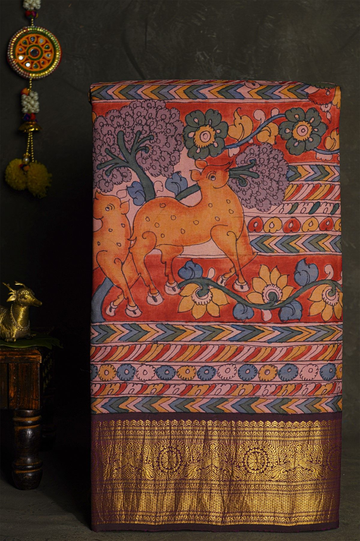 Kalamkari Silk Red Saree With Diamonds In Zari And Peacocks