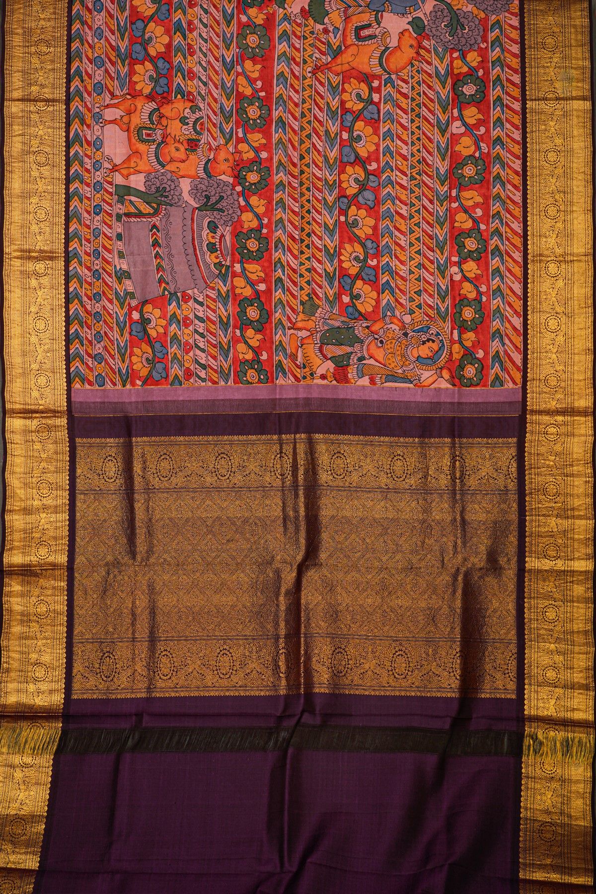Kalamkari Silk Red Saree With Diamonds In Zari And Peacocks