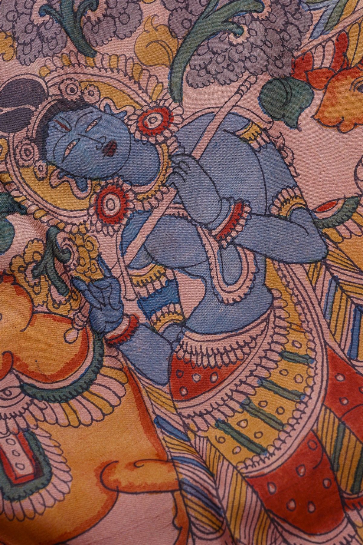 Kalamkari Silk Red Saree With Diamonds In Zari And Peacocks