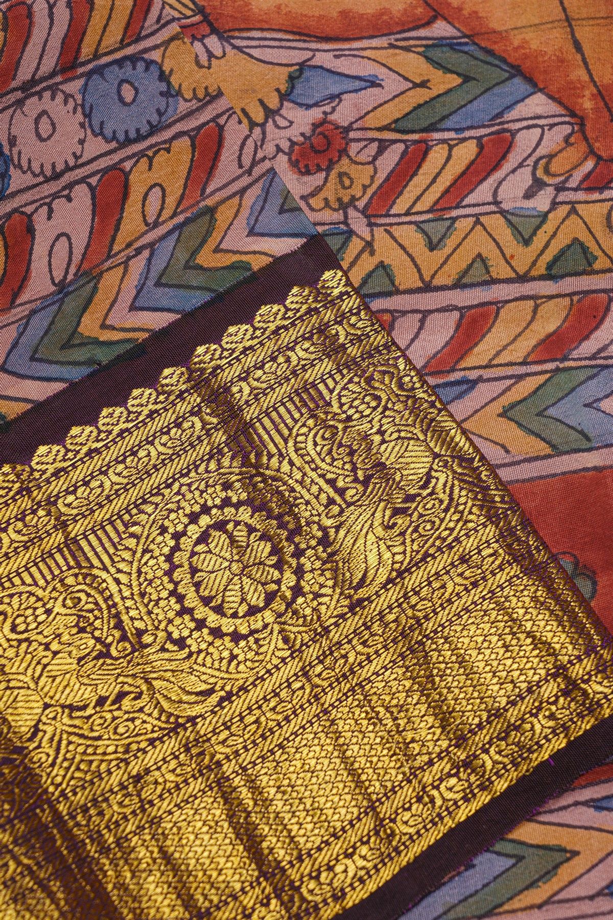 Kalamkari Silk Red Saree With Diamonds In Zari And Peacocks