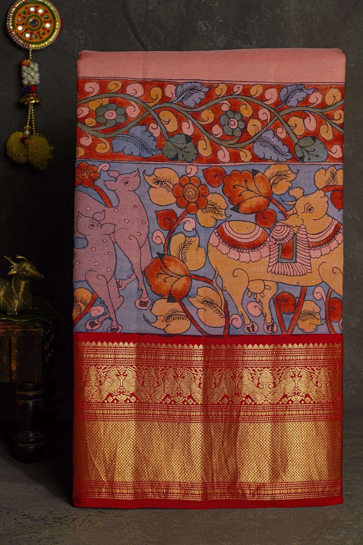 Kalamkari Silk Baby Pink Saree With Peacocks In Zari Lines Border