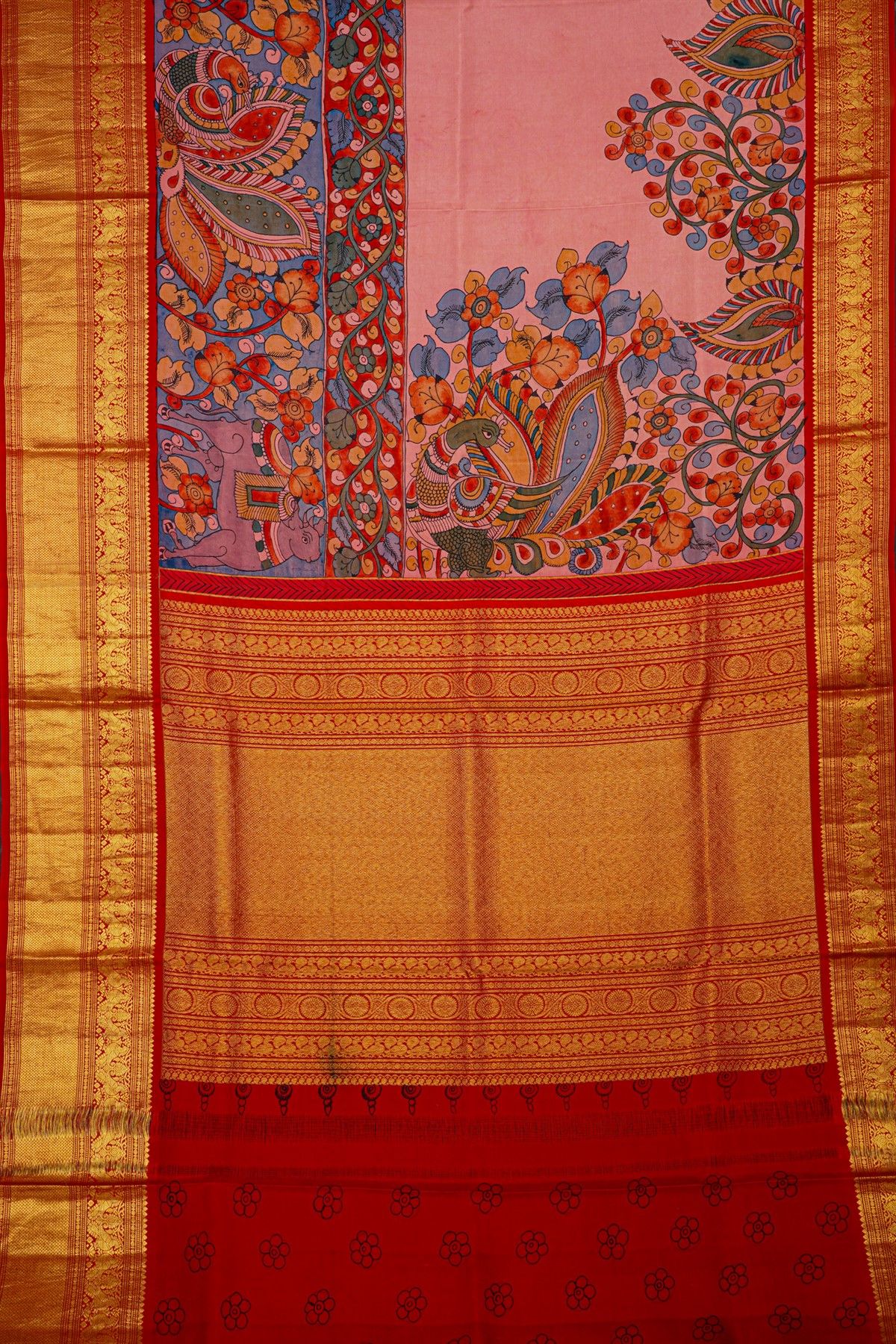 Kalamkari Silk Baby Pink Saree With Peacocks In Zari Lines Border