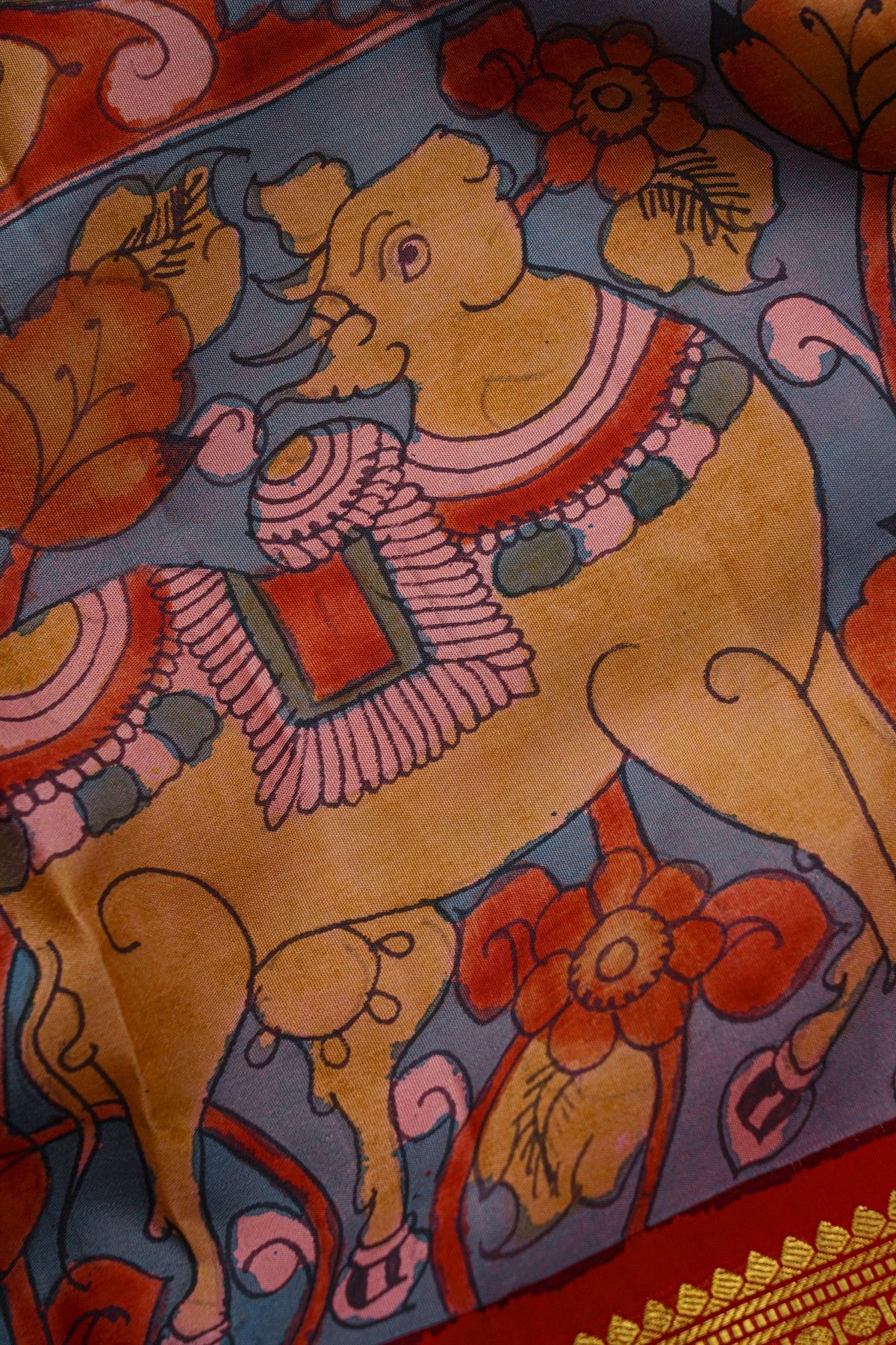 Kalamkari Silk Baby Pink Saree With Peacocks In Zari Lines Border