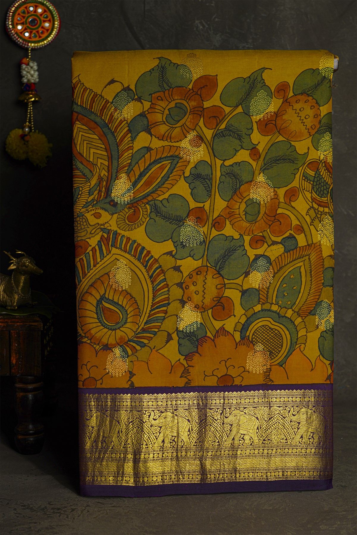 Kalamkari Silk Mehendi Green Saree With Elephants And Florals Border