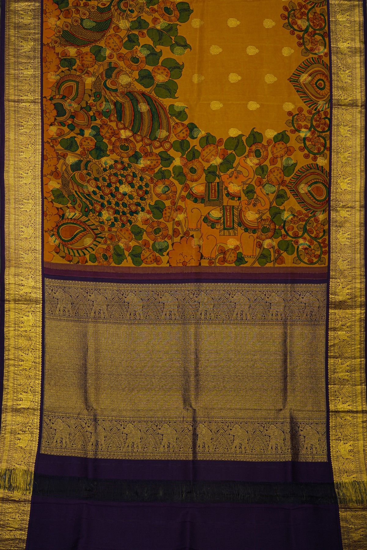 Kalamkari Silk Mehendi Green Saree With Elephants And Florals Border