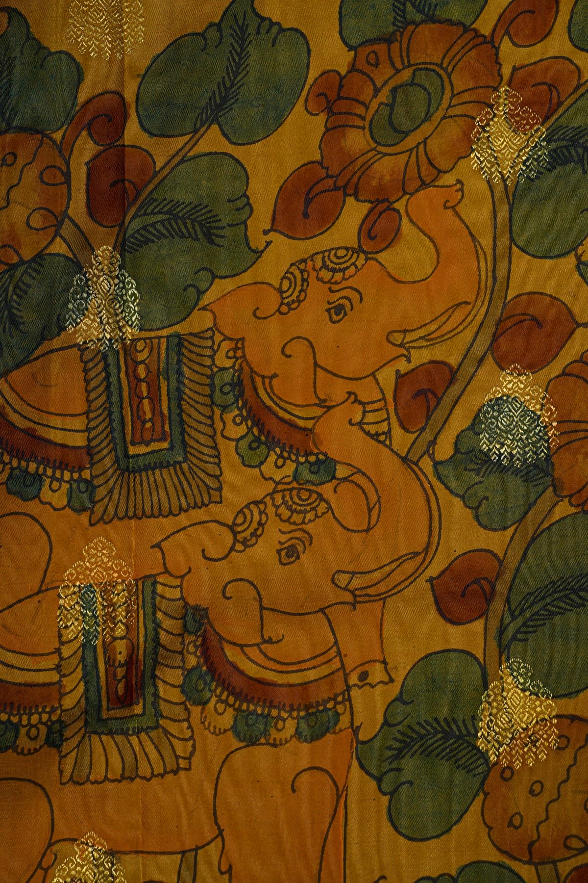 Kalamkari Silk Mehendi Green Saree With Elephants And Florals Border