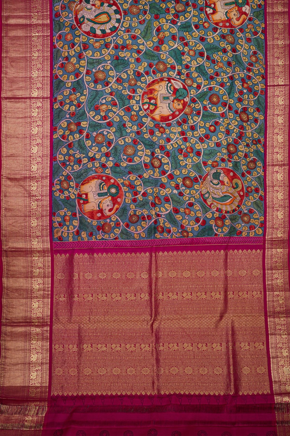 Kalamkari Silk Blue Saree With Elephants And Florals Border