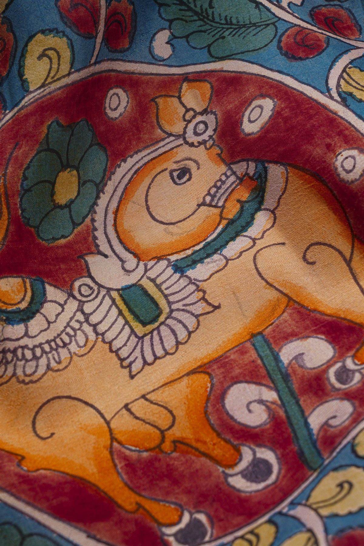 Kalamkari Silk Blue Saree With Elephants And Florals Border
