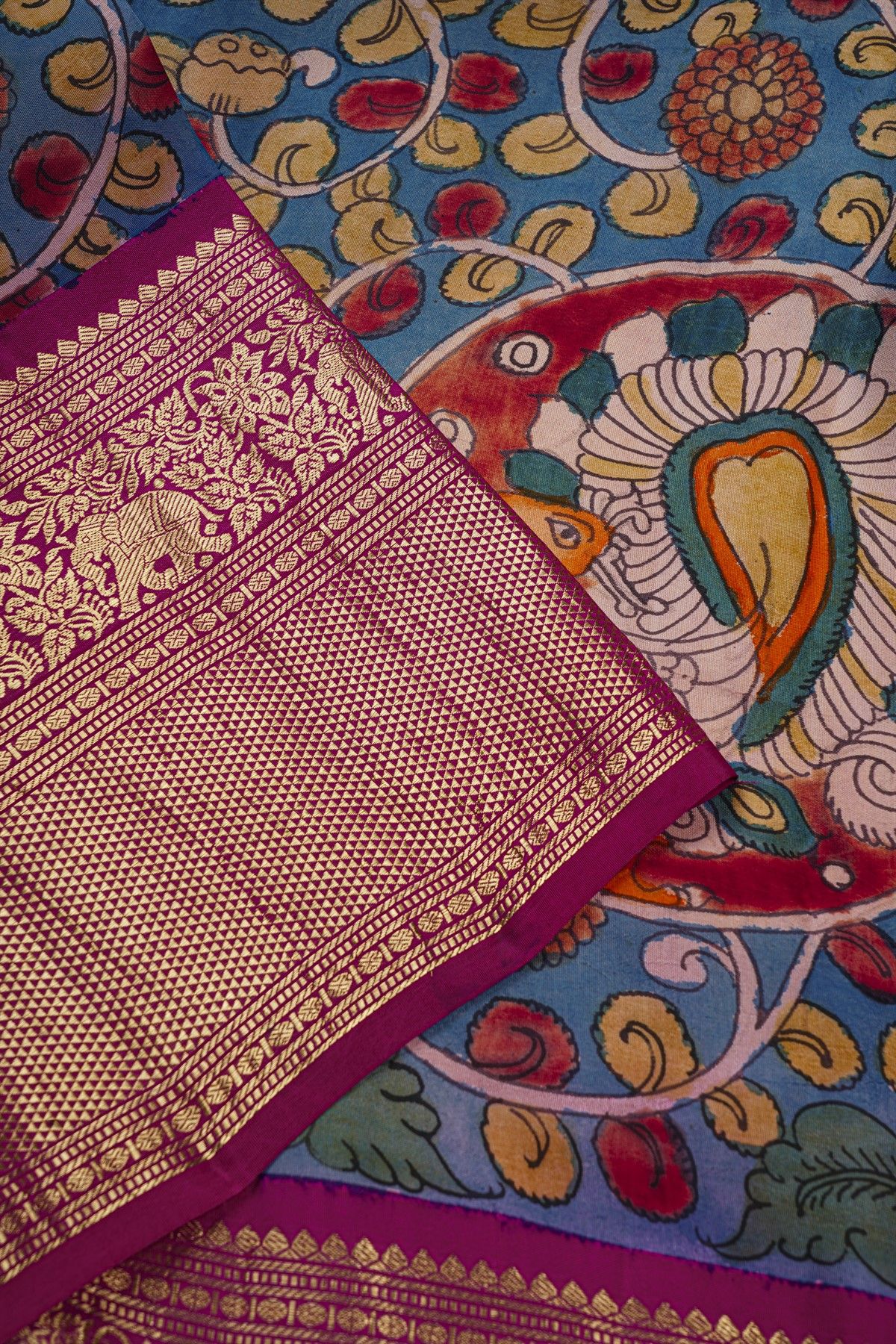 Kalamkari Silk Blue Saree With Elephants And Florals Border