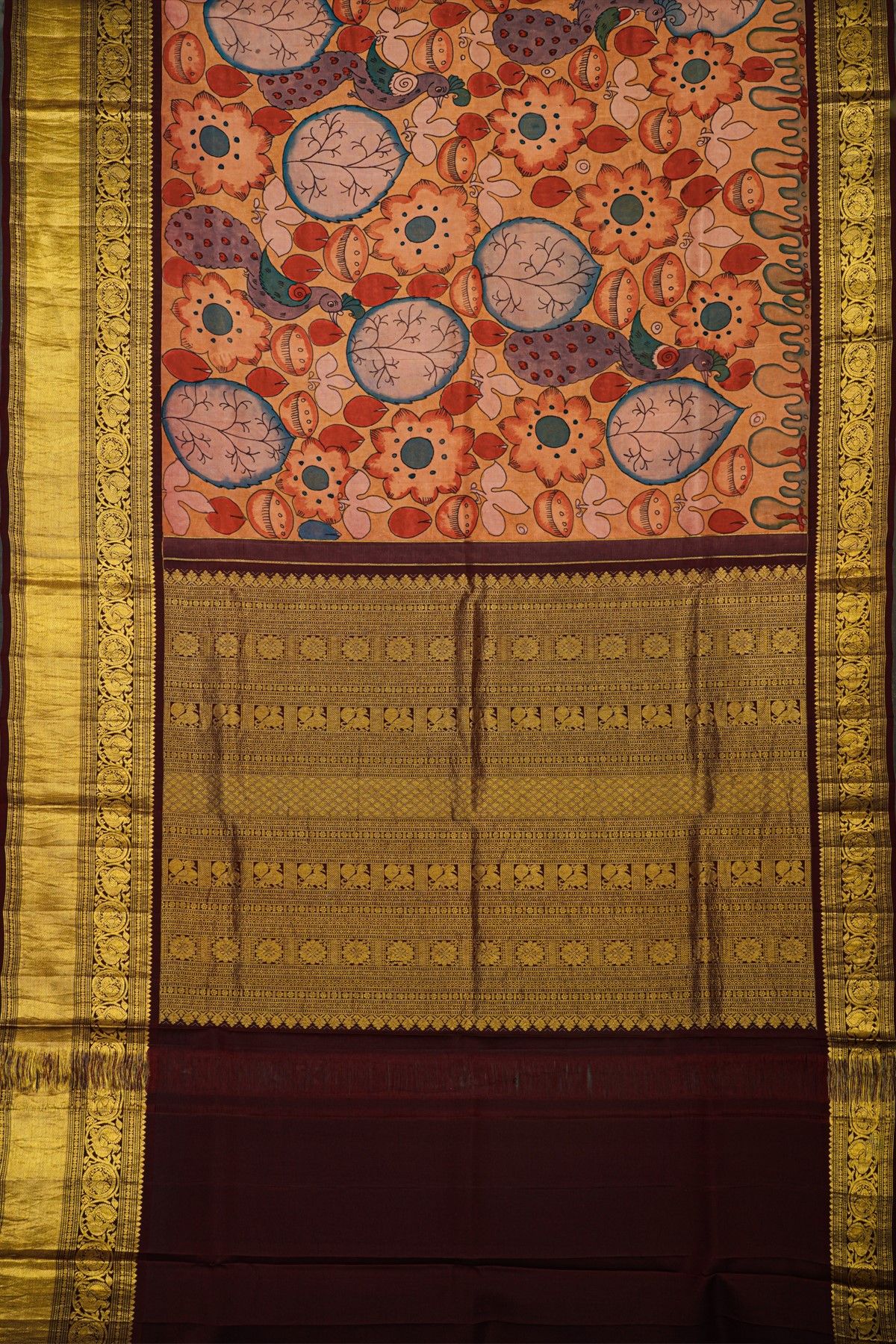 Kalamkari Silk Rust Brown Saree With Peacocks And Geometric Border
