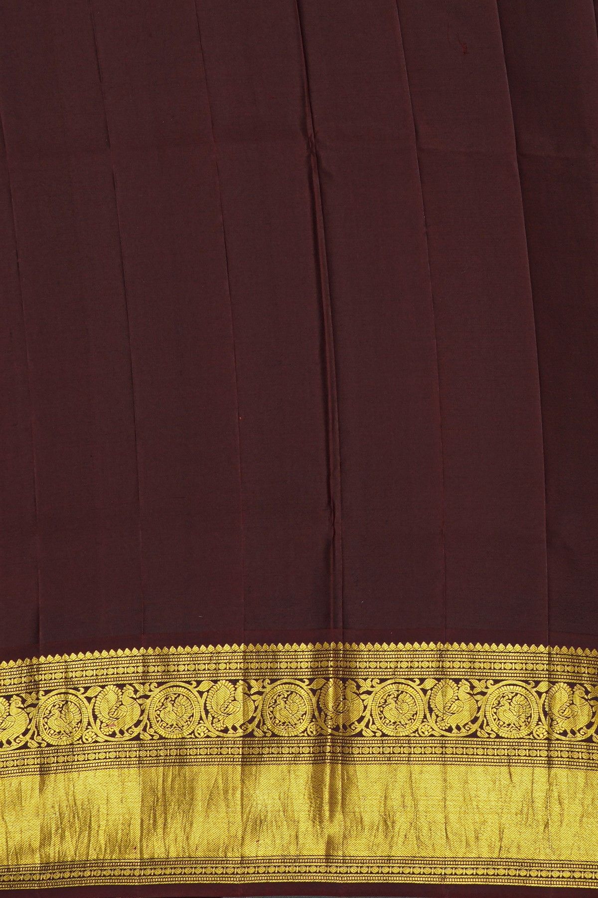 Kalamkari Silk Rust Brown Saree With Peacocks And Geometric Border