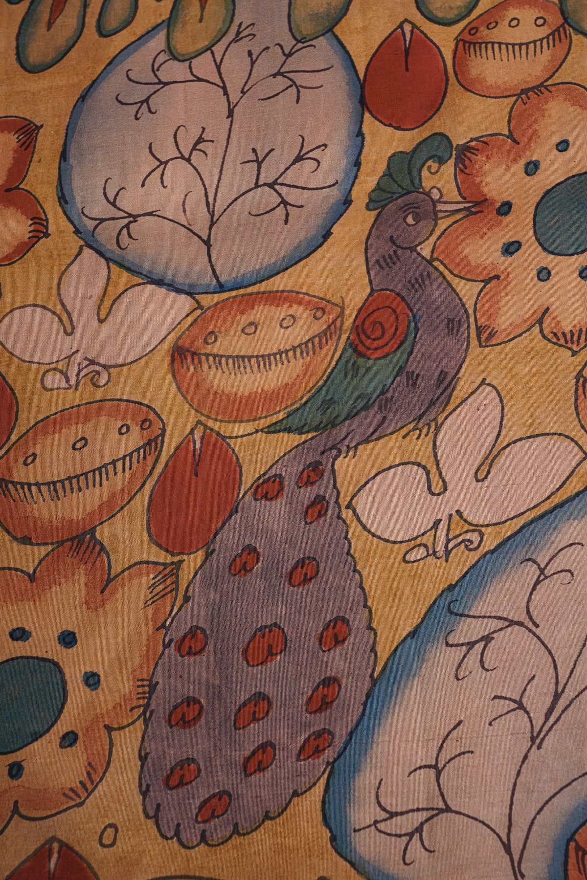 Kalamkari Silk Rust Brown Saree With Peacocks And Geometric Border