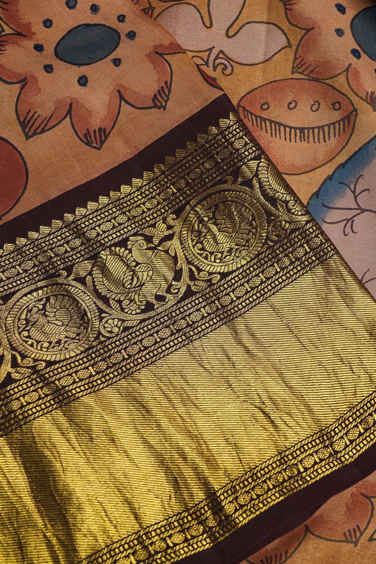 Kalamkari Silk Rust Brown Saree With Peacocks And Geometric Border