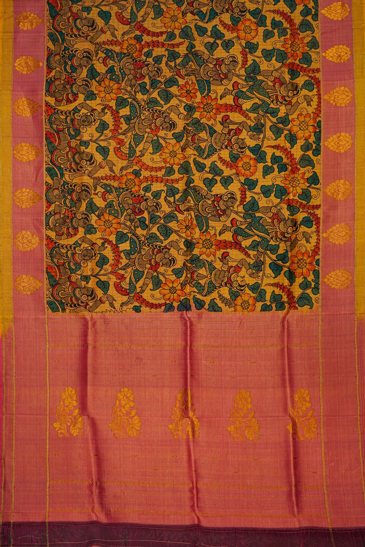 Kalamkari Silk Yellow Saree With Florals Border