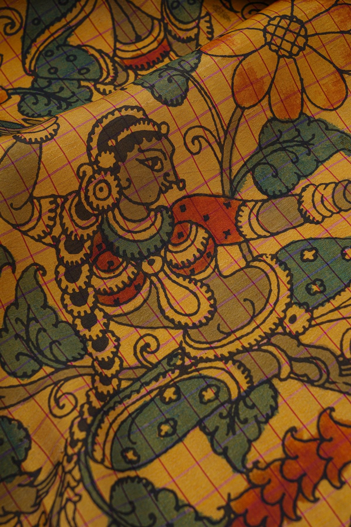 Kalamkari Silk Yellow Saree With Florals Border