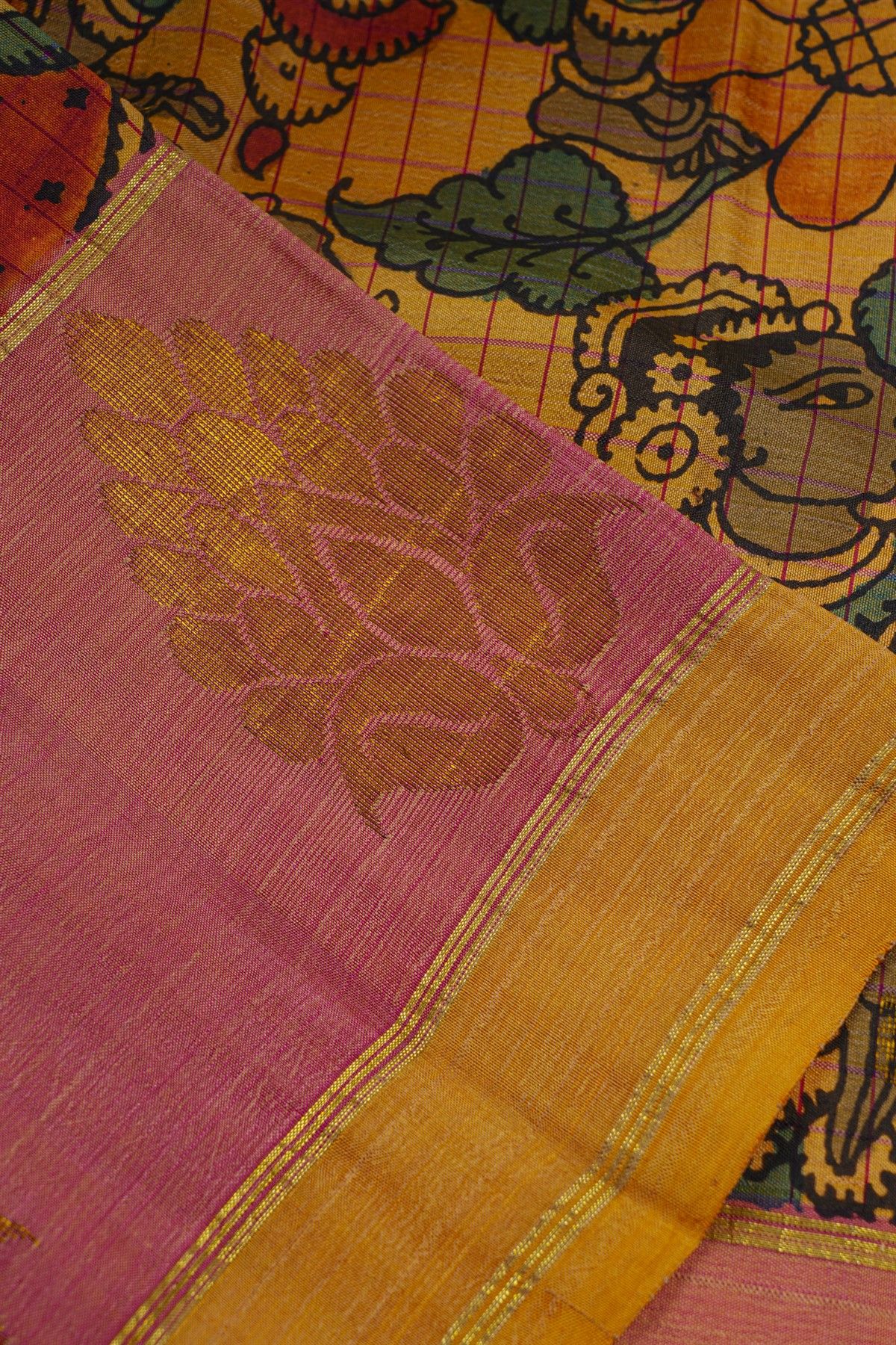 Kalamkari Silk Yellow Saree With Florals Border
