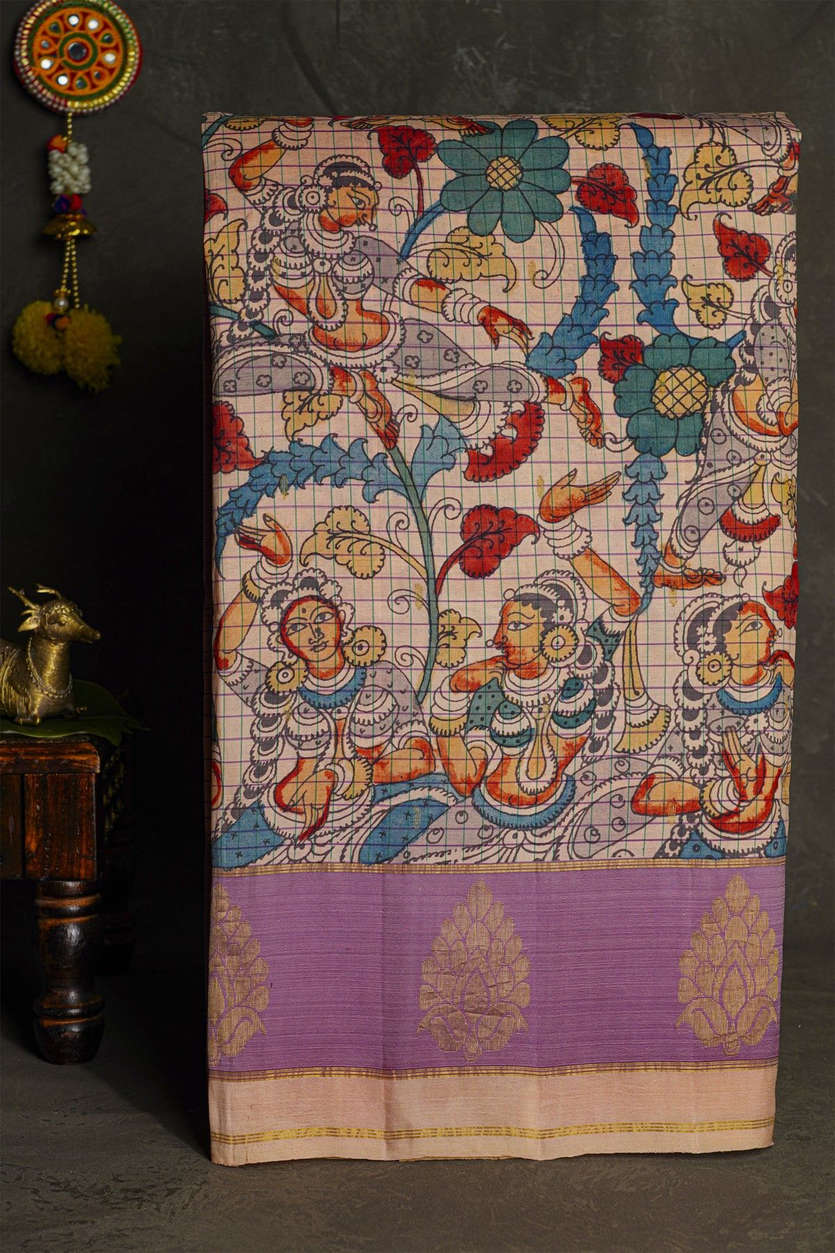 Kalamkari Silk Off White Saree With Florals Border