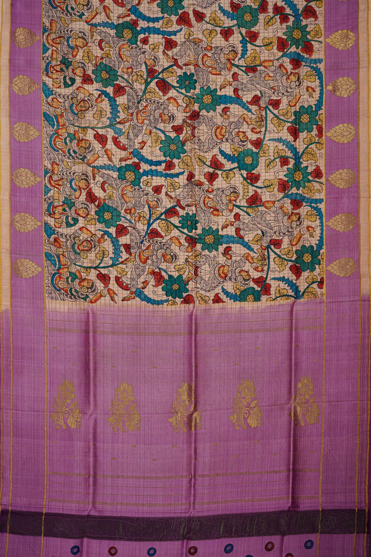 Kalamkari Silk Off White Saree With Florals Border