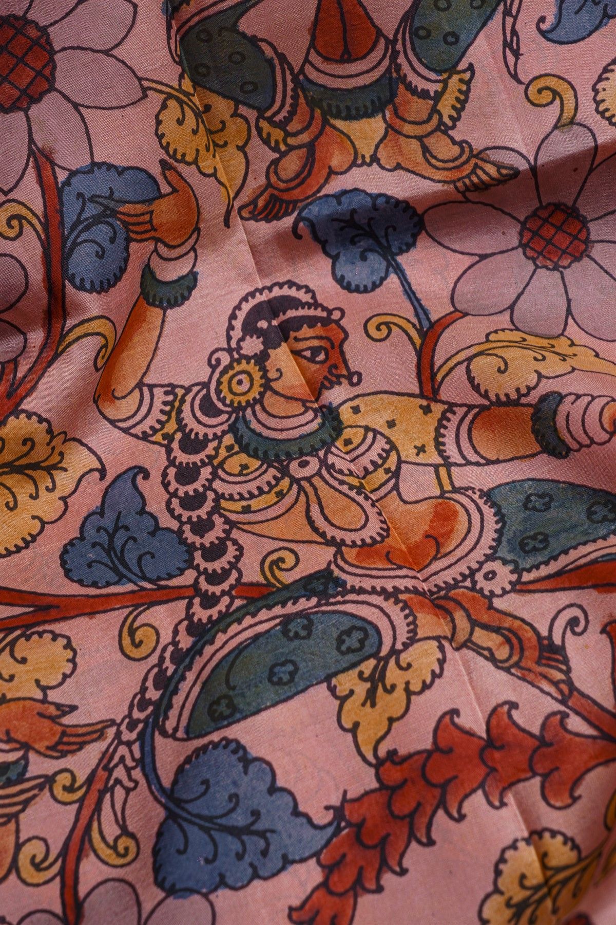 Kalamkari Silk Baby Pink Saree With Zari Lines Border