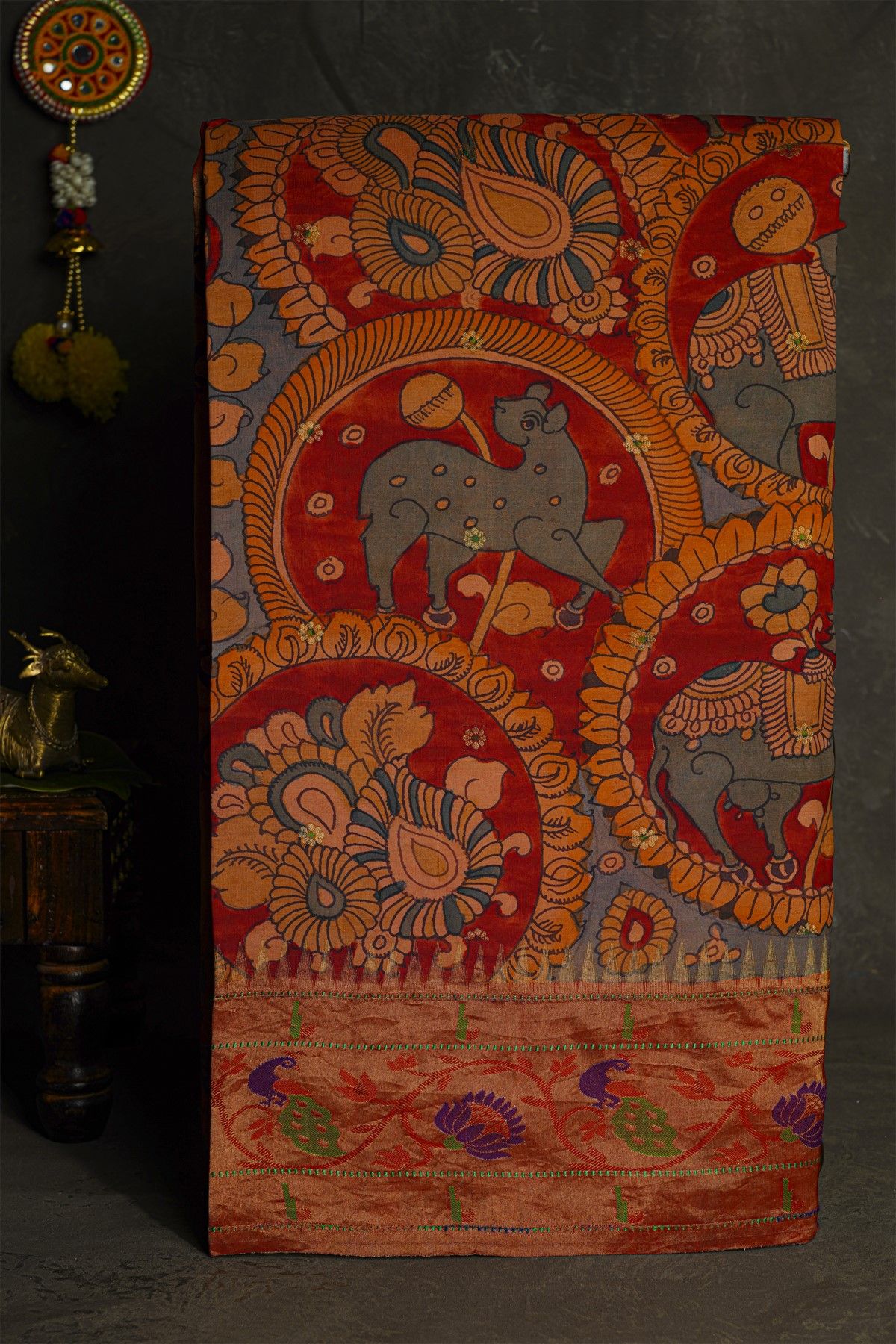Kalamkari Silk Red Saree With Peacocks And Florals Paithani Border