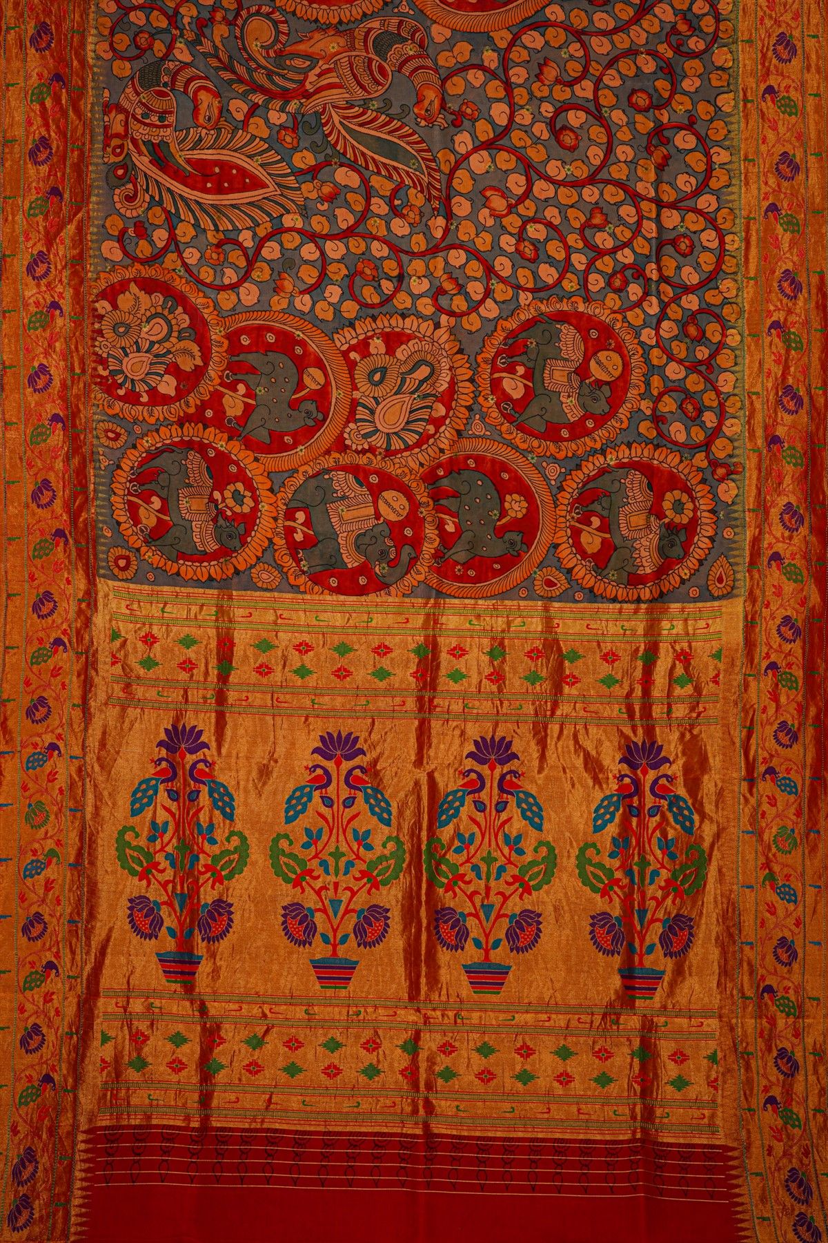 Kalamkari Silk Red Saree With Peacocks And Florals Paithani Border