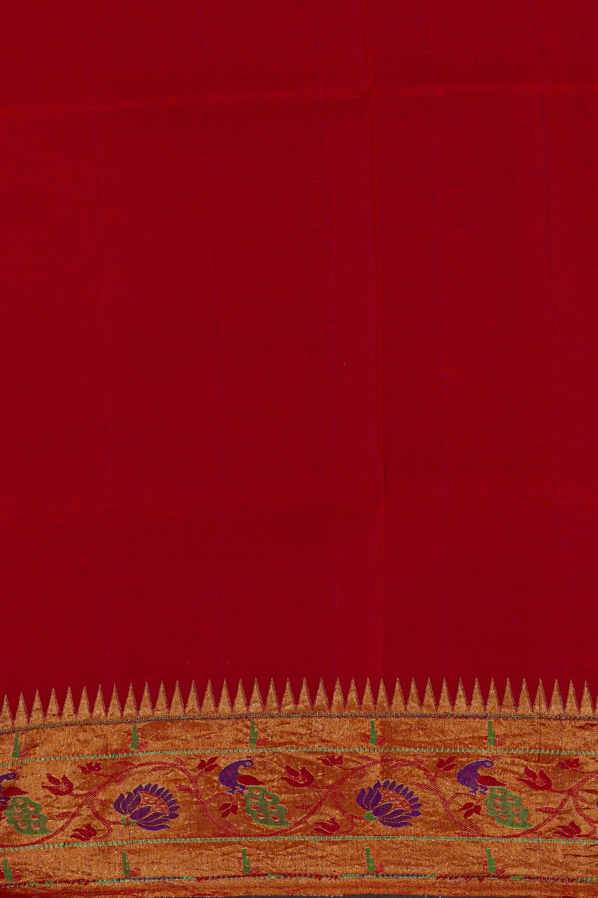 Kalamkari Silk Red Saree With Peacocks And Florals Paithani Border