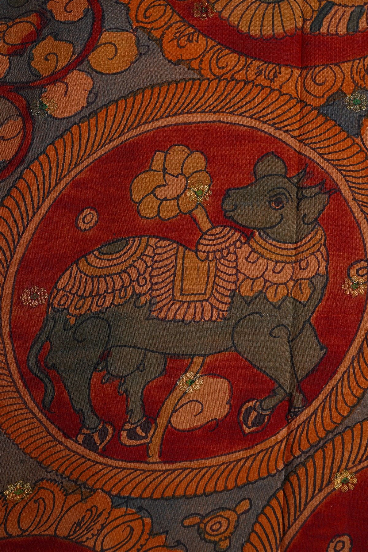 Kalamkari Silk Red Saree With Peacocks And Florals Paithani Border